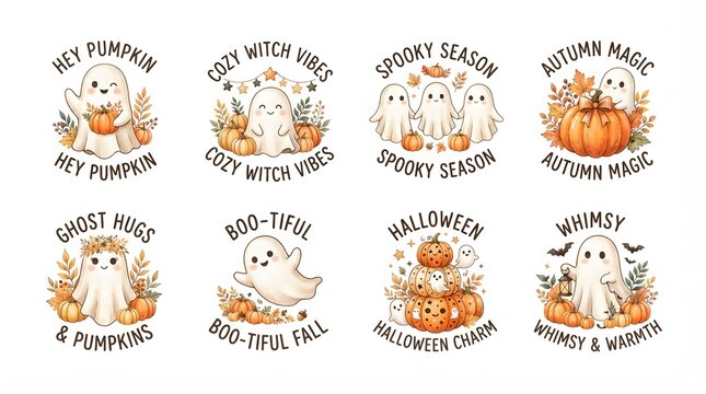 A collection of eight watercolor illustrations featuring cute ghosts pumpkins and autumn leaves with inspirational fall themed quotes for seasonal holiday design projects