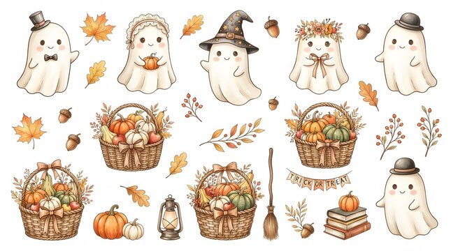 A collection of cute watercolor illustrations featuring ghosts pumpkins baskets and autumn leaves perfect for creating festive halloween decorations and seasonal party invitation designs