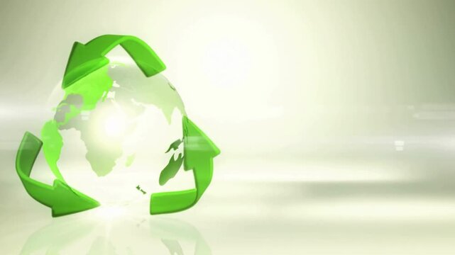Sustainable earth globe with green recycling arrows rotating against bright white background represents environmental conservation in dynamic motion footage.