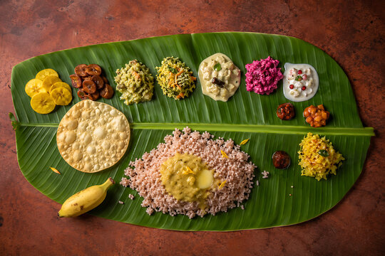 Delicious traditional vegetarian feast served on a fresh green banana leaf during happy onam south indian festival in kerala food photography background