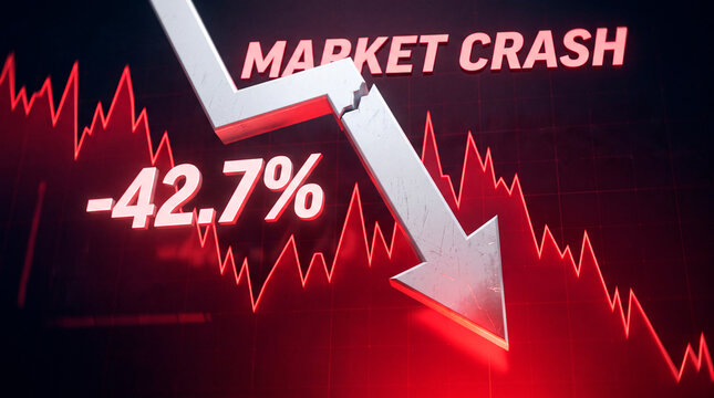 Glowing red stock market graph showing a steep downward arrow with percentage crash text, financial crisis concept, economic recession, stock market drop, global investment failure.