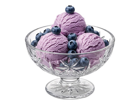 Delicious blueberry ice cream scoops in a glass bowl with fresh blueberries on a black background