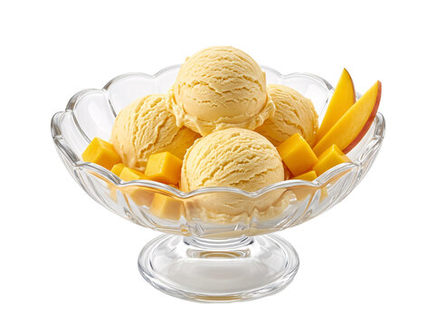 Delicious mango ice cream scoops with fresh mango pieces served in a glass bowl on a black background