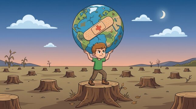 Boy holding a bandaged earth in a deforested area