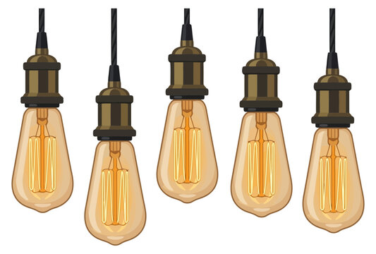 Set of vintage edison light bulbs hanging on wires