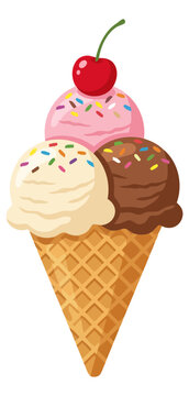 Ice cream cone with three scoops and cherry