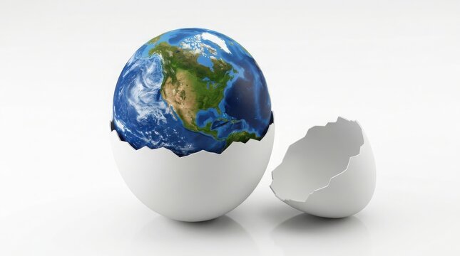 Earth globe hatching from a white egg isolated on white background