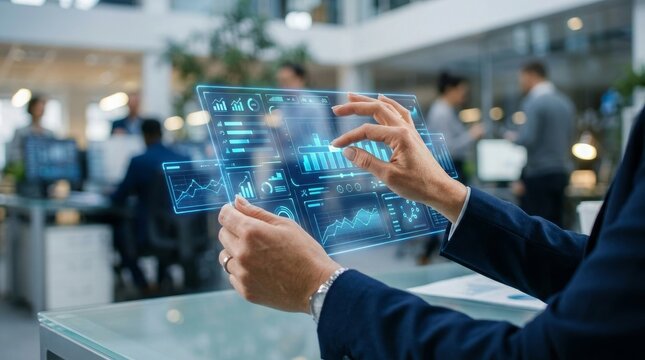 Person interacting with large holographic display at tech event