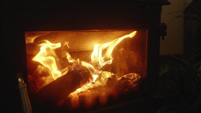 Slow Motion Close-Up of Burning Logs and Flickering Flames in a Wood