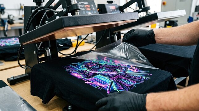 Gloved hands peeling transparent transfer film off vibrant printed samurai t-shirt fresh from heat press machine in print workshop.