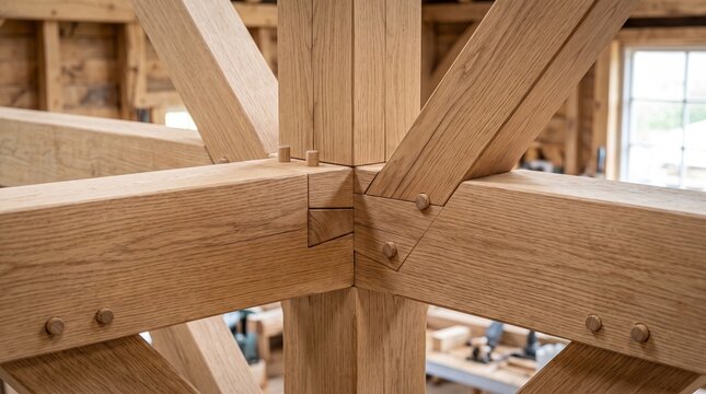 Timber frame joinery detail, traditional oak post and beam construction, wooden mortise and tenon joint with pegs