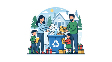 Naklejka premium Family Sorting Holiday Boxes Recycling Bin Christmas Outdoor Vector Illustration