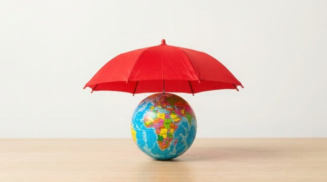 Earth globe under a red umbrella