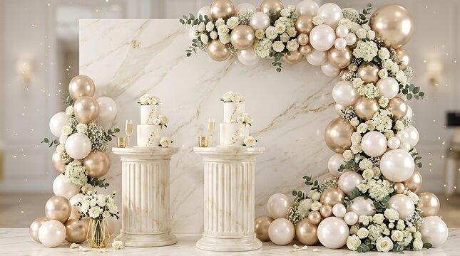 Elegant happy birthday party decoration with white balloons and marble backdrop for a luxury celebration event