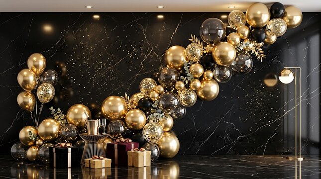 Elegant happy birthday party decoration with gold and black balloons in a luxury room for a celebration