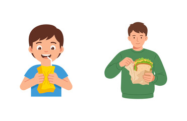 Illustration of a Young Boy Drinking from a Juice Box and a Man Enjoying a Freshly Prepared Sandwich for Lunch
