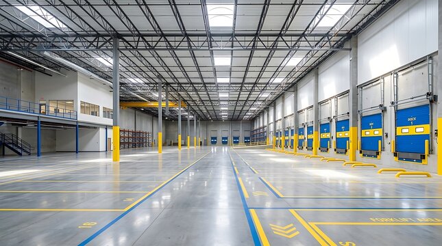 Large empty warehouse interior with high ceiling and industrial loading dock doors for logistics and distribution