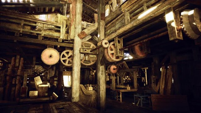 Artisan woodworking mill workshop bathed in golden light, empty benches and scattered tools, belts and gears visible among timber stacks, handcrafted atmosphere