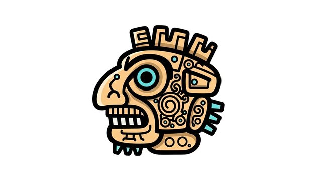 Stylized Ancient Mesoamerican Warrior Mask with Intricate Patterns and Fierce Expression, Tribal Art, Isolated on White