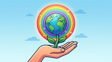 Fototapeta premium Hand holding earth flower with rainbow
