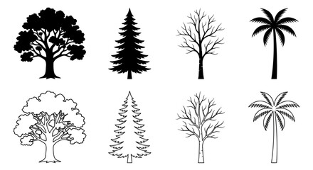 Fototapeta premium Collection of tree silhouettes and line art on a white background