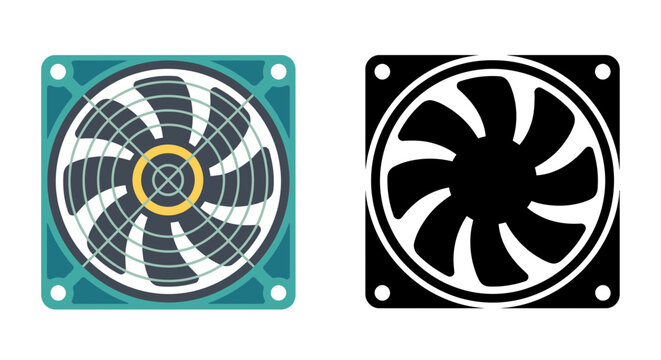 Computer cooling fan a vector illustration with colored and monochrome variations