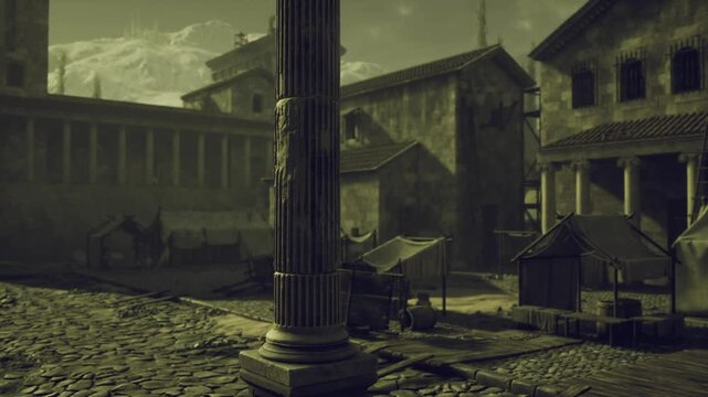 Deserted forum with solitary weathered column, empty market square strewn with rubble and low wooden stalls beneath brooding sky, atmospheric ruin scene evoking