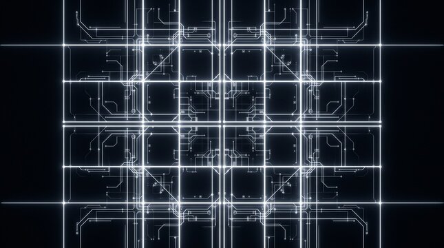 Glowing white digital circuit board lines forming a complex geometric grid pattern on black background