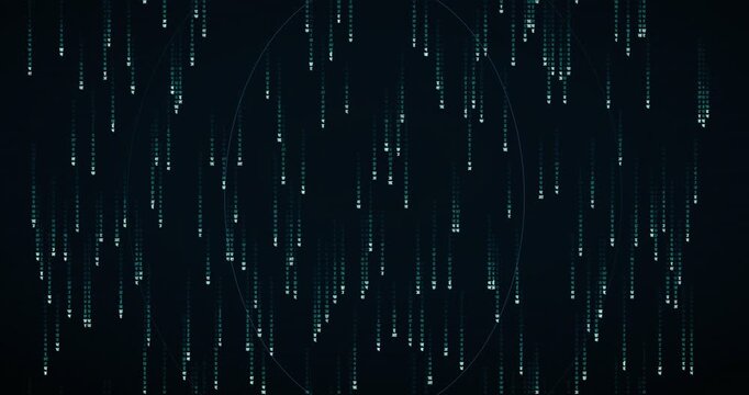 Devanagari characters fall in a dense, teal-hued code storm animation with a center-depth tunnel effect.