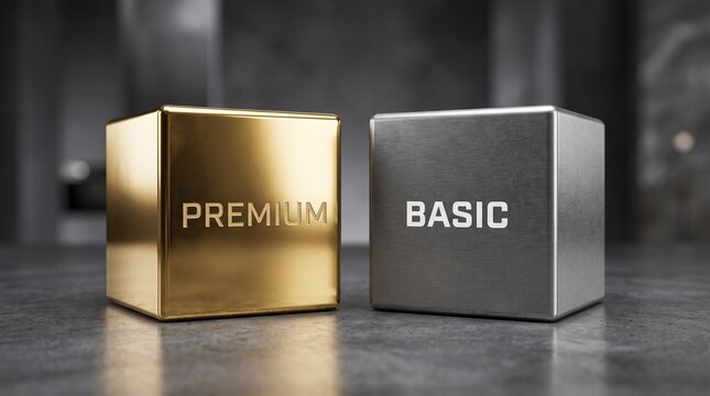 Premium gold and basic silver metal cubes, luxury versus standard service levels, metallic blocks on dark industrial background