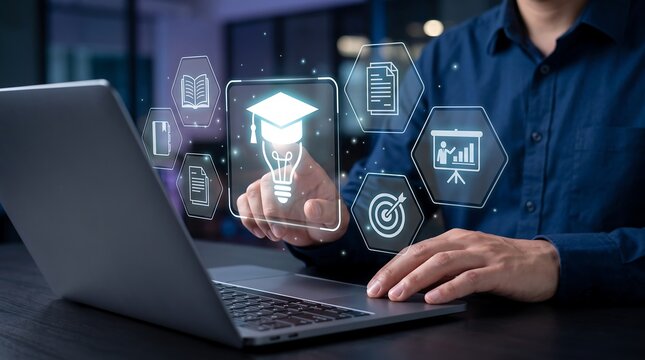 Digital e-learning technology featuring holographic education icons and laptop for modern online learning