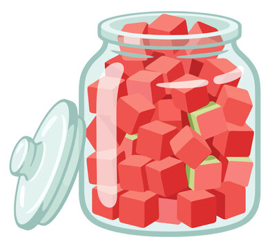 Glass jar filled with cubed watermelon pieces