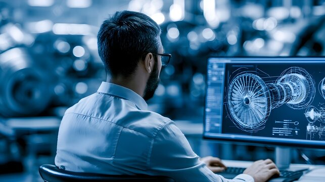 Professional engineer working on advanced jet engine turbine design using specialized computer software inside a modern high tech manufacturing facility