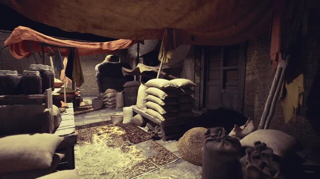 Worker stacking grain sacks under canopy, silhouetted figure in motion, hands arranging bundles and ropes, warm canopy light creating dramatic contrast,