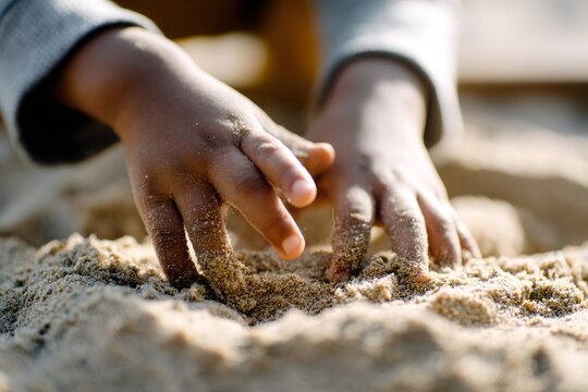 Close-up of a young child's hands playing in the sand. Toddler exploring sensory textures outdoors. Childhood development and learning concept