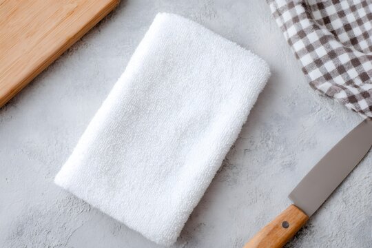 Top view of white kitchen towel mockup on concrete counter. Blank folded cloth with wooden cutting board and knife