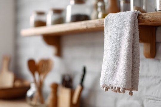 White kitchen towel hanging on a wooden shelf. Clean terry cloth fabric with tassels in a modern kitchen interior
