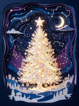 Luminous 3D papercut Christmas tree glowing with gold stars in starry winter night
