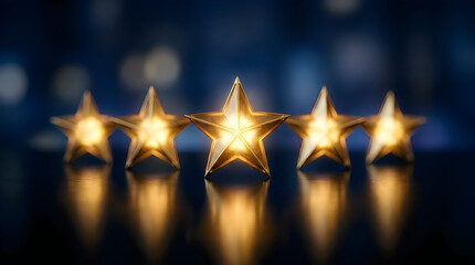 Fototapeta premium Five glowing golden stars arranged in a row representing high quality and excellent customer service rating