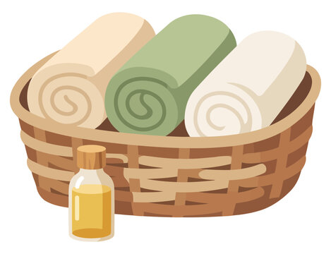 Wicker basket filled with rolled towels and a bottle of oil vector illustration