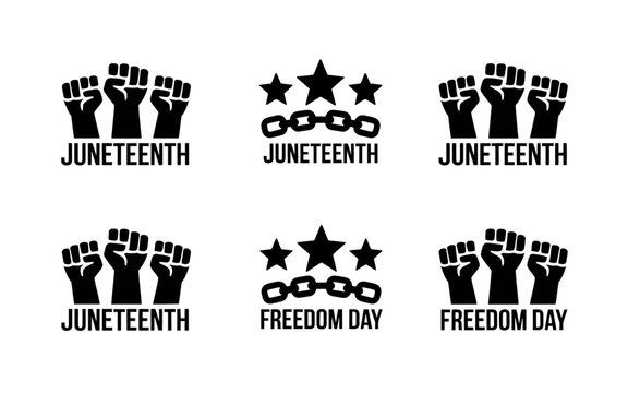 Juneteenth and freedom day celebration black fist and star logo design bundle with clean white background displays bold black fists star symbols