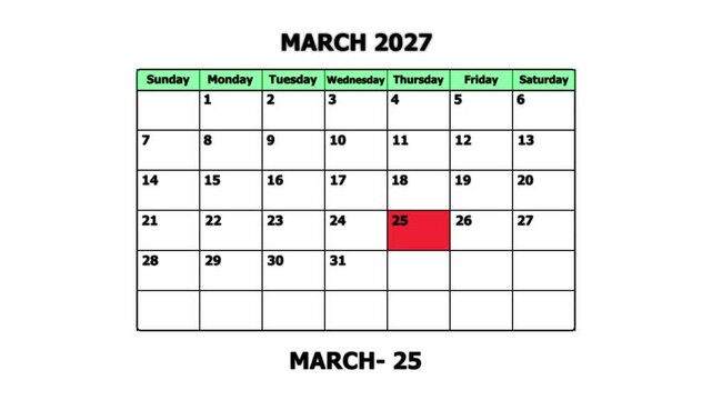 March 2027 calendar page with highlighted date march 25th for planning and scheduling schedule