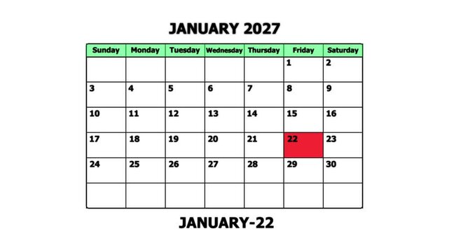 January 2027 monthly calendar page with highlighted date january 22nd for planning and scheduling monthly planner