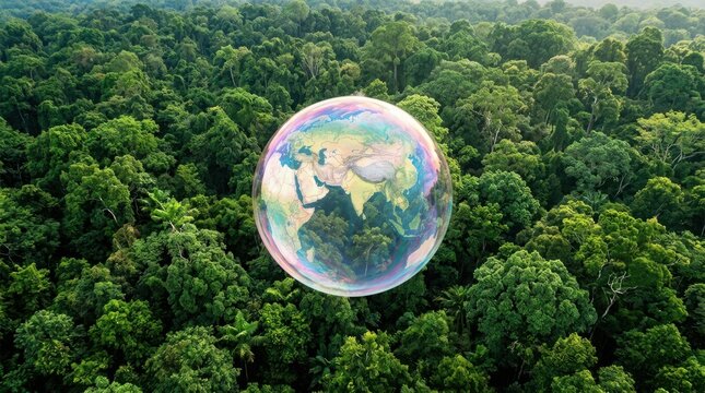 Earth globe inside a soap bubble floating over a lush forest