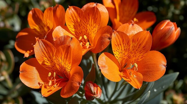 Beautiful macro photography of vibrant orange alstroemeria (Peruvian lily) blossoms in full bloom.
