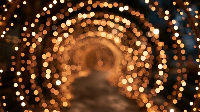 Defocused abstract background showcasing a magical glowing tunnel made of warm yellow string lights.