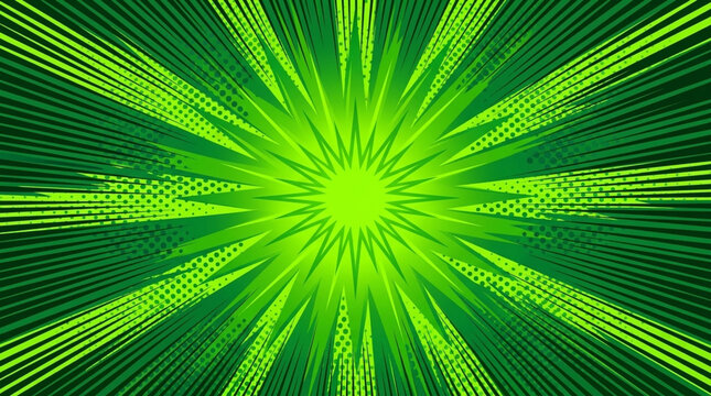 Green Comic Burst Background with Radial Speed Lines and Halftone, Transparent Background, Isolated on White
