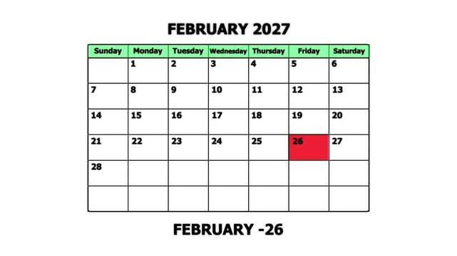 February 2027 calendar page with highlighted date february 26th for planning and scheduling schedule
