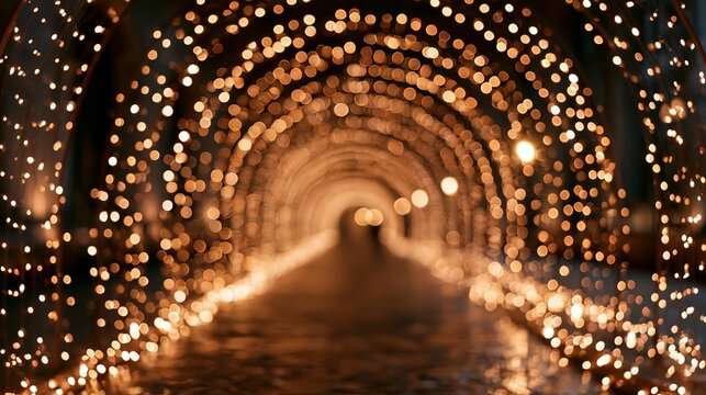 Abstract blurred background with a tunnel of glowing golden festive lights and beautiful bokeh effect.