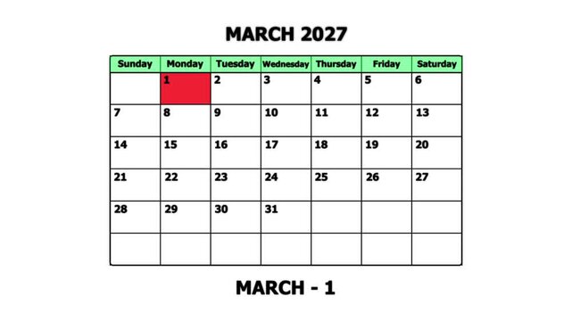 March 2027 calendar page with highlighted first of the month date for planning and scheduling monthly planner